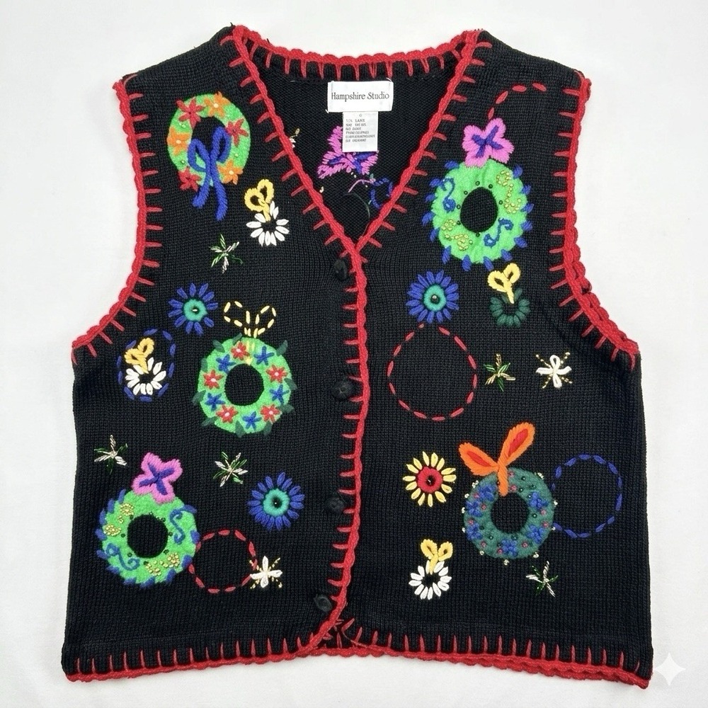Hampshire Studio Sweater Vest L Black Knit Embroidered Christmas Beaded Teacher